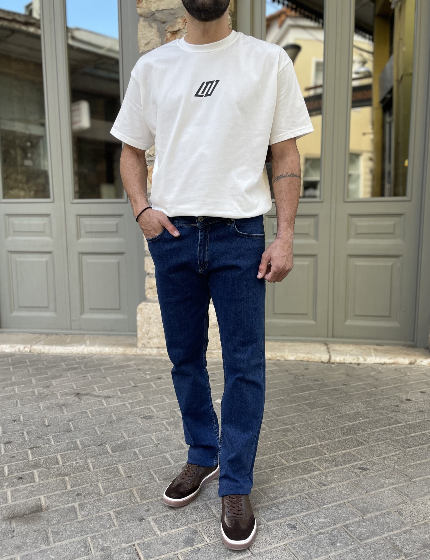 Ανδρικό μπλε πλυμένο τζιν ελαστικό σε ίσια γραμμή με φερμουάρ Plus Size LC17504 φωτογραφία